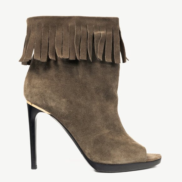 Burberry Pelling Khaki Suede Fringe Peep-Toe Booties - Picture 1 of 10